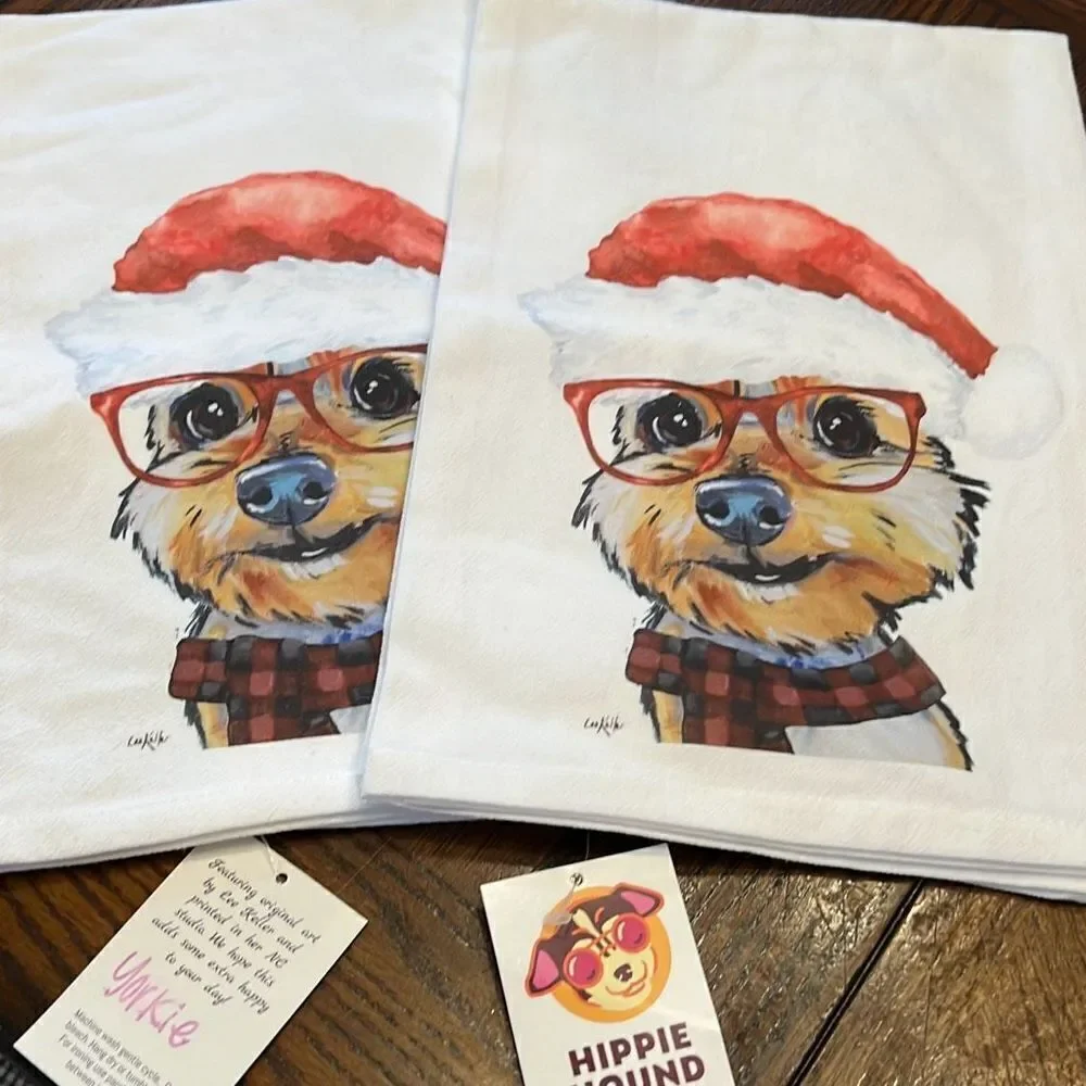 Hippie Hound Studios Christmas Dog Towel “Yorkie” Holiday Towel Set 2 NWT